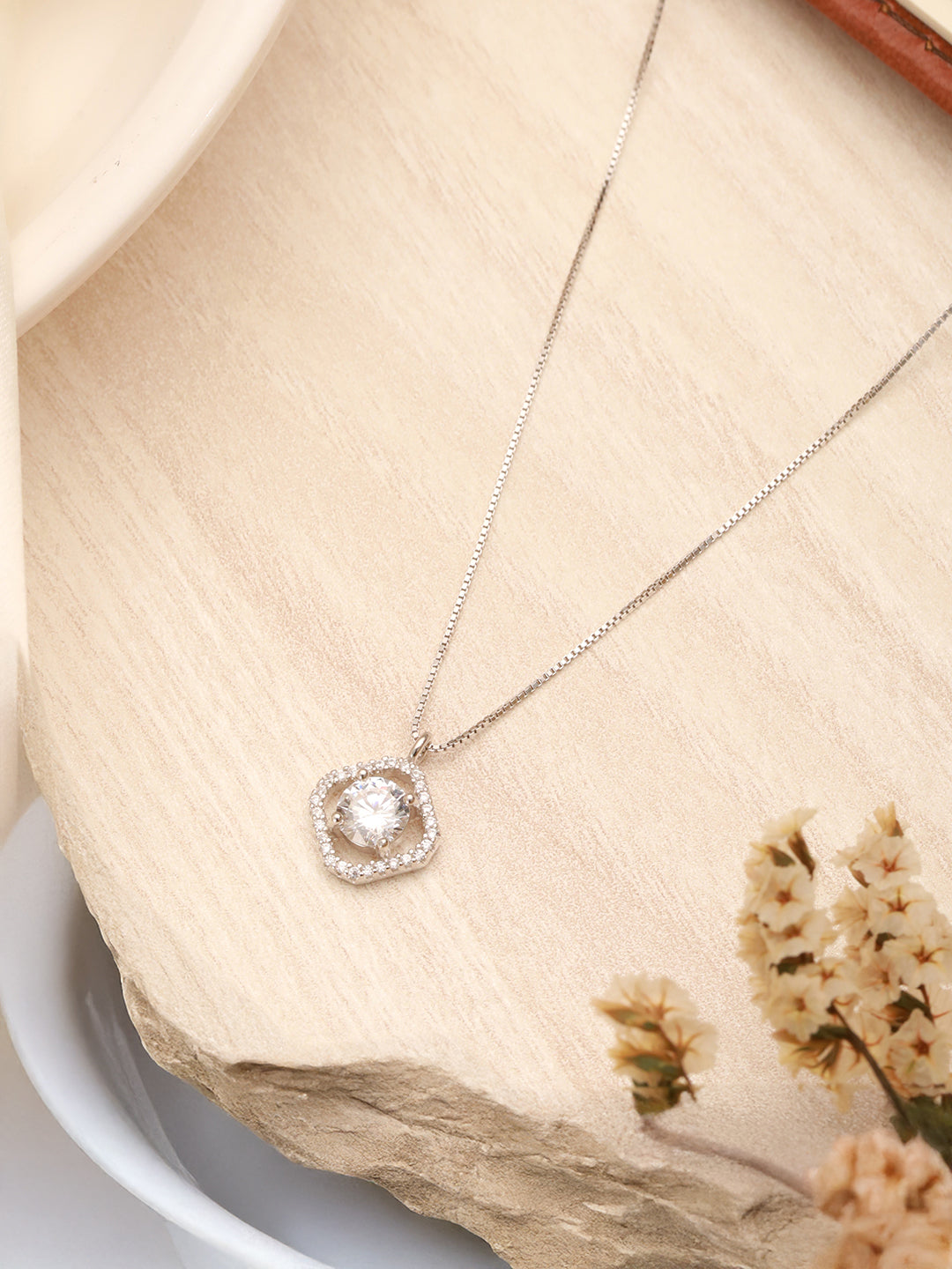 925 Sterling Silver Zircon Square  Halo Solitaire Minimal Pendant Necklace & Chain